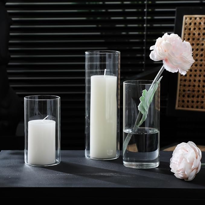 24 Pcs White Pillar Candles and Glass Candle Holders, Clear Cylinder Vases Pillar Candle Holders for Pillar Candles, Hurricane Candle Set for Wedding Party, Event, Home Office Decor