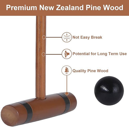 28In Croquet Party Set for 8 Players - Made of Long-Lasting Pine Wood, Family Fun for Backyards, Lawn and More, Comes with Colorful Mallets, PE Balls, Wickets, Stakes, and Carrying Bag