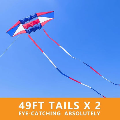 Beach Kites for Adults Large with Long Tail, 98 inches Super Easy Flyer 3D Rainbow Box Kites, Comes with Two 49 Feet Multi Colors Tails, 300 ft Kite String & Handle