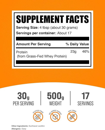 BulkSupplements.com Grass Fed Whey Protein Powder - Whey Protein Concentrate Powder - Unflavored & Gluten Free, 30g per Serving, 500g (1.1 lbs) (Pack of 1)