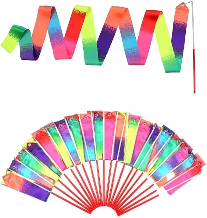 20 Pack Ribbon Dancing Wands Party Favors for Kids, Rainbow Birthday Decorations, Princess Party Supplies, Girls Party Games, Gymnastics Goody Bag Stuffers (Rainbow)