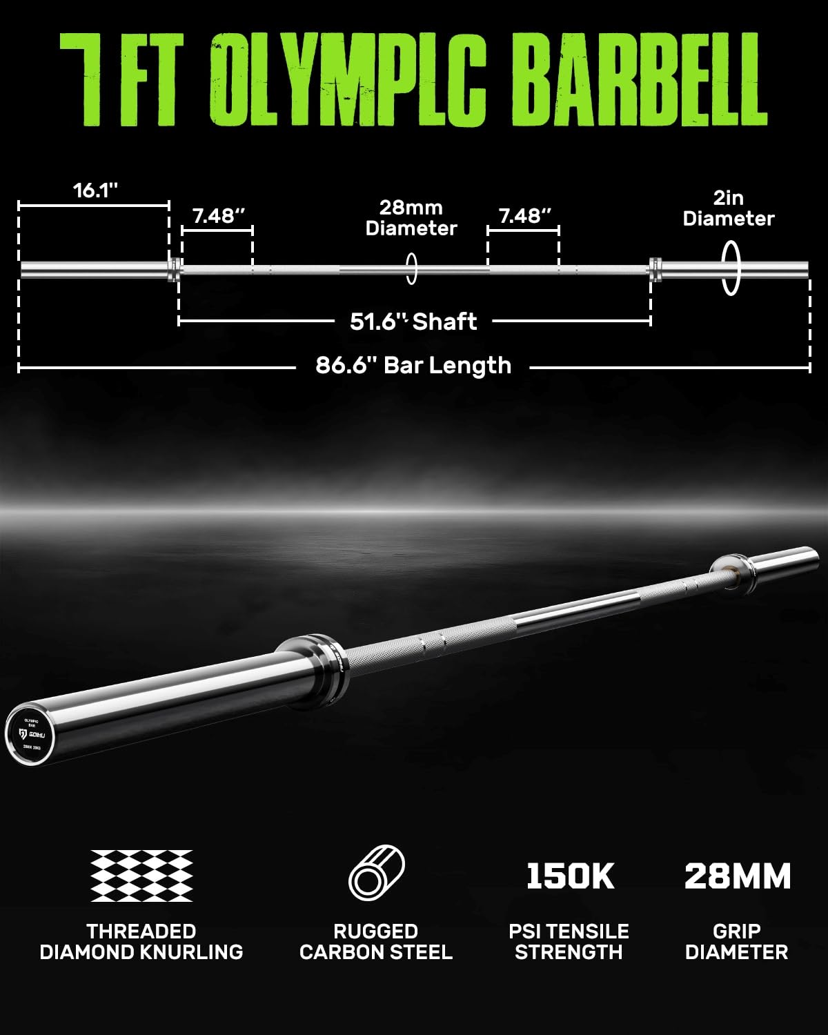 GOIMU PB01 7FT Olympic Barbell, Weight Bar with Knurled Grip, 1500LB