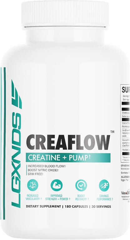 Creaflow Stim-Free Creatine Pills | Support Muscle Gain, Performance, Strength and Workout Recovery | Pre Workout Supplement for Men & Women | 180 Capsules, 30 Servings