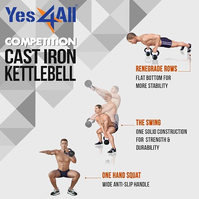 Yes4All Kettlebell, Heavy Duty Powder Coated Cast Iron Kettlebells, Non-Slip Handle & Flat Bottom for Conditioning, Strength Training & Full Body Exercises at Home Gym - Single & Pair