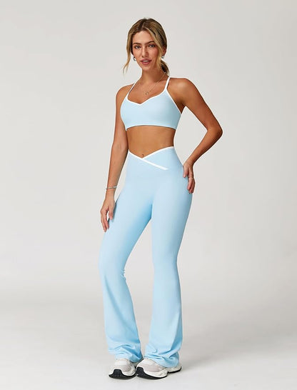 ABOCIW Workout Sets for Women 2 Piece Color Block Strappy Sports Bra High Waist Leggings Gym Yoga Pilates Outfits