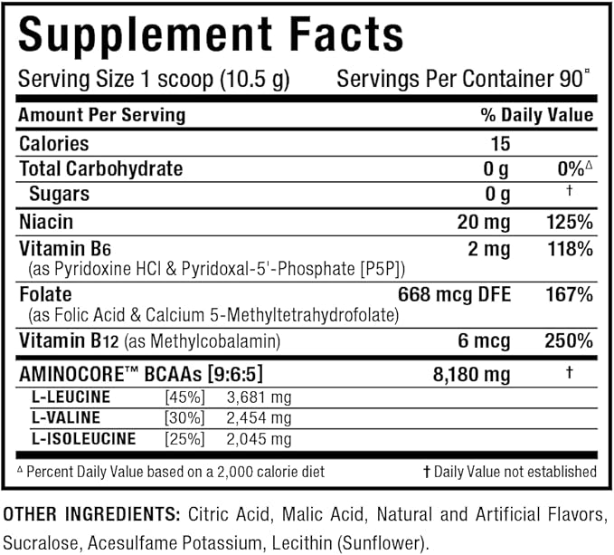 ALLMAX Nutrition AMINOCORE BCAA, Blue Raspberry - 945 g Powder - 8.18 Grams of Branched Chain Amin Acids Per Serving - with B Vitamins - No Fillers or Non-BCAA Aminos - Sugar Free - 90 Servings