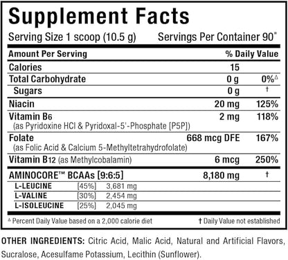 ALLMAX Nutrition AMINOCORE BCAA, Blue Raspberry - 945 g Powder - 8.18 Grams of Branched Chain Amin Acids Per Serving - with B Vitamins - No Fillers or Non-BCAA Aminos - Sugar Free - 90 Servings