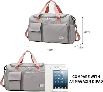 Travel Duffel Tote Bag with Dry Wet Separation Pocket, Weekender Bag for Women and Men，Waterproof Bag with Shoe Compartment Lightweight and Easy Carry on Grey