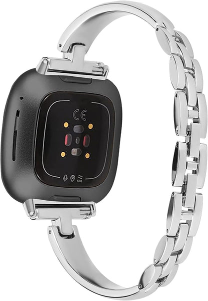 Silm Metal Band Compatible with Fitbit Versa 4/Fitbit Sense 2 Band Cute Women, Bling Jewelry Strap Replacement Compatible for Fitbit Sense/Versa 3 Women (Silver)