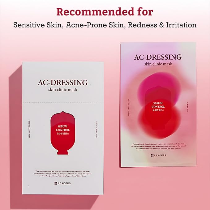 LEADERS AC-Dressing Skin Clinic Mask ??Soothing and Calming Sheet Mask for Sensitive, Acne-Prone Skin ??Helps Reduce Redness & Irritation, Hydrates, and Balances Skin, Sebum Care Mask ??10 Sheets