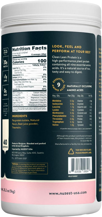 Nuzest - Pea Protein Powder - Clean Lean Protein, Premium Vegan Plant Based Protein Powder, Dairy Free, Gluten Free, GMO Free, Naturally Sweetened, Wild Strawberry, 40 Servings, 2.2 lb