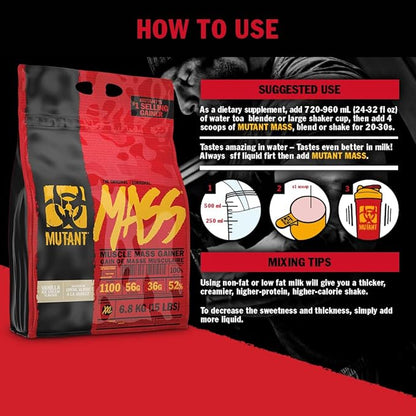 Mutant Mass Weight Gainer Protein Powder ??Build Muscle Size and Strength with 1100 Calories ??56 g Protein ??26.1 g EAAs ??12.2 g of BCAAs ??15 lbs with 24 Servings ??Cookies & Cream