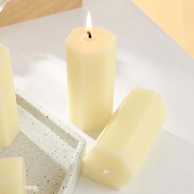 6PCS Hexagon Beeswax Pillar Candles,Large Handmade Pure Beeswax Candle,Unscented Smokelessï¼? * 4",18H, White