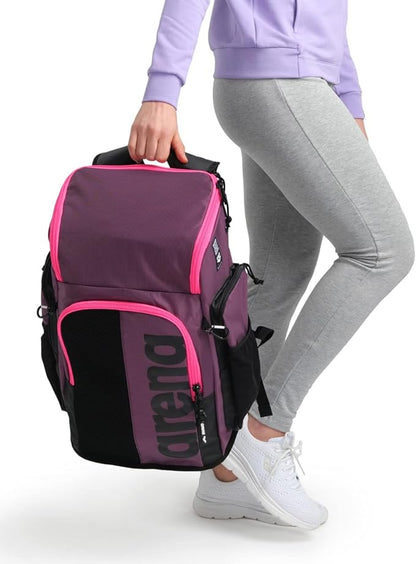 ARENA Spiky III Backpack 45 Swimming Athlete Sports Gym Rucksack Large Training Gear Equipment Swim Bag for Men and Women, 45 Liters, Plum/Neon Pink