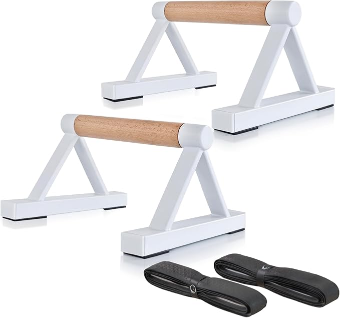 1 Pair Wooden Parallettes Push Up Bars for Men, Strength Training Pushup Stands Handles for Home Calisthenics, Fitness, Floor Workouts Solid Wood with White Metal Bracket - Support 500 lbs