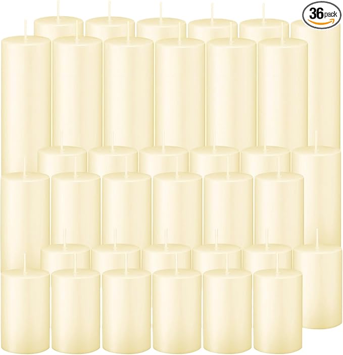 36 Pcs Ivory Pillar Candles Bulk Set，Hurricane Candlesï¼? Different Lengths 2 x 3/4/6 Inch (12 Each)，Dripless Unscented Smokeless，Gives You a Better Atmosphere When Organizing an Event Party.