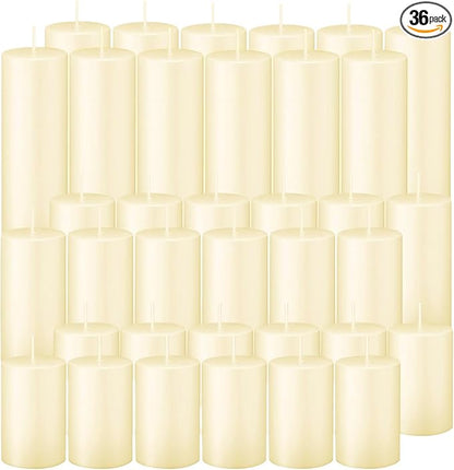 36 Pcs Ivory Pillar Candles Bulk Set，Hurricane Candlesï¼? Different Lengths 2 x 3/4/6 Inch (12 Each)，Dripless Unscented Smokeless，Gives You a Better Atmosphere When Organizing an Event Party.