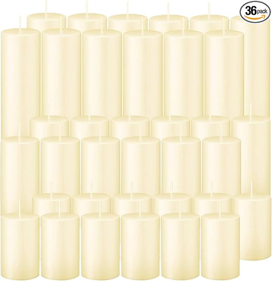 36 Pcs Ivory Pillar Candles Bulk Set，Hurricane Candlesï¼? Different Lengths 2 x 3/4/6 Inch (12 Each)，Dripless Unscented Smokeless，Gives You a Better Atmosphere When Organizing an Event Party.