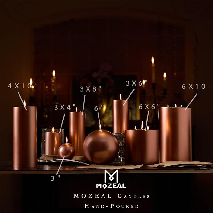 MOZEAL 3" x 6" Hand-Poured Unscented Candle, Dripless Pillar Candle Set of 3, Long Lasting Burning, Approx 120 Hours Burn Time, Rustic Country Style, for Harvest Festivities, Autumn Glow, Copper