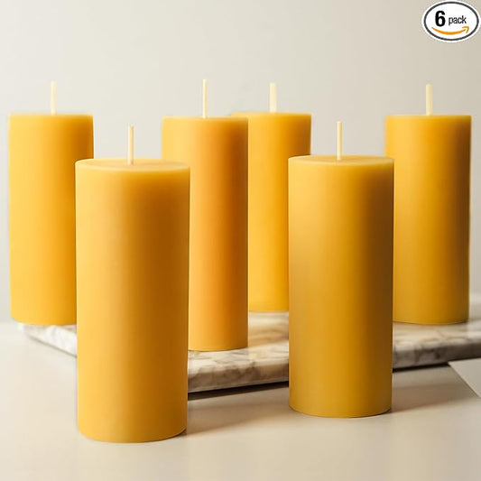 6 Packs 2x5 Inch Beeswax Candles, Natural Beeswax Pillar Candles with 52 Hours Burn Time, Organic Emergency Candle Long Burning for Home Decor, Gift Sending, Smokeless & Dripless