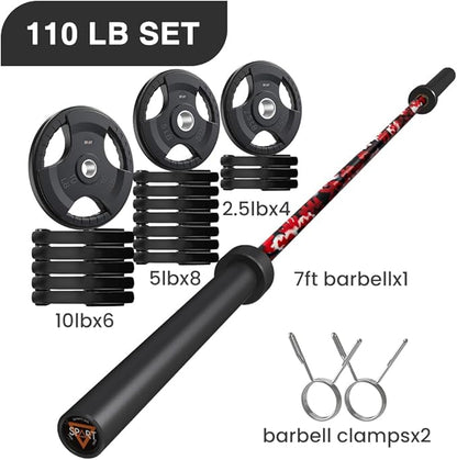 7FT Olympic Barbell Bar with Weight Plate Set Combo, Solid Olympic Bar with Bearings, 700Lbs Capacity Weight Bar for Home Gym Strength Training, Weightlifting, Powerlifting, Fit for 2" Olympic Plates