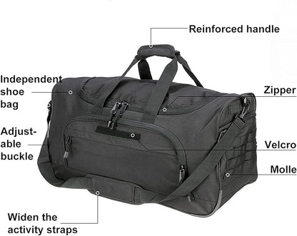 Gym Bag for Women & Men Tactical Duffle Military Weekender Work Out Lightweight Waterproof Sports Tote Shoe Pocket Black