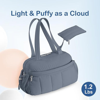 TOPDesign Travel Duffel Bag for Women, Puffer Gym Bag Sports Tote with Wet Pocket, Carry On Weekender with Luggage Sleeve (Blue Grey)