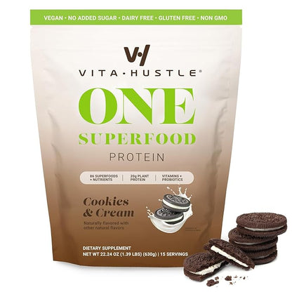 VitaHustle ONE Meal Replacement Shake - Plant Based Protein Powder by Kevin Hart - Vegan, Meal Replacement Powder with Superfoods, Vitamins, Adaptogens & Probiotics - Cookies and Cream Flavor, 15 Servings