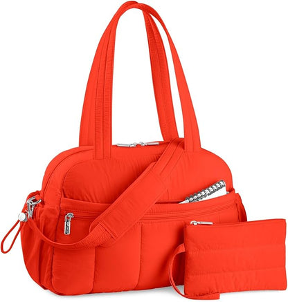 TOPDesign Travel Duffel Bag for Women, Puffer Gym Bag Sports Tote with Wet Pocket, Carry On Weekender with Luggage Sleeve (Red Orange)