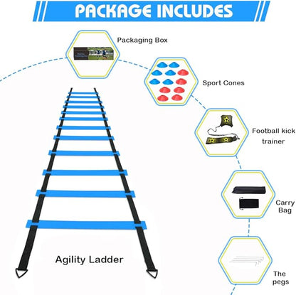 Soccer Speed Agility Training Set - 20FT Agility Ladder 12/16 Sports Cones and Soccer Kick Trainer Football Training Equipment Footwork Drills for Youth and Adults