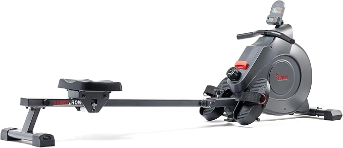 Sunny Health & Fitness Flip & Foldable Rowing Machine for Home w/Extended Slide Rail, Full-Body Workout, Low-Impact, Optional Extra Long Rail, Quiet Rail Cover, Water Motion and Free SunnyFit App