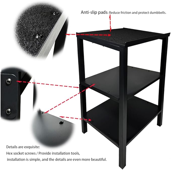 Black Heavy Duty Adjustable Dumbbell Stand - Home Gym Storage Rack with Non-Slip Base, Anti-Tip Safety & Space-Saving Design.