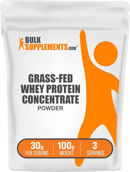 BulkSupplements.com Grass Fed Whey Protein Powder - Whey Protein Concentrate Powder - Unflavored & Gluten Free, 30g per Serving, 100g (3.5 oz) (Pack of 1)