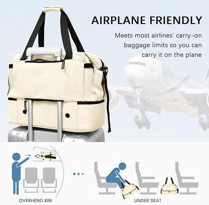 Gym Bag for Men Women, Tactical Travel Duffel bag with Removable Dividers & Shoe Compartment, Weekender Carry on Bag with Toiletry Bag, Overnight Range Bag for Workout Soccer Yoga Gym (White)