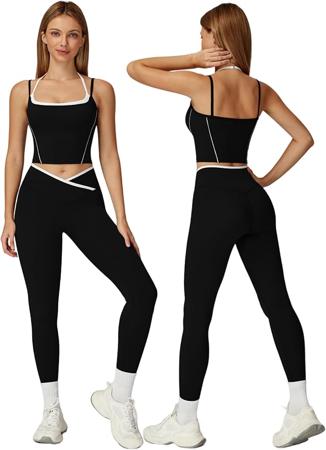 ABOCIW Workout Sets for Women 2 Piece Color Block Strappy Sports Bra High Waist Leggings Gym Yoga Pilates Outfits
