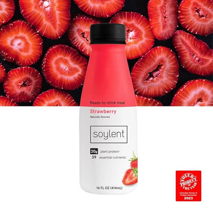 Soylent Strawberry Meal Replacement Shake, Ready-to-Drink Plant Based Protein Drink, Contains 20g Complete Vegan Protein and 1g Sugar, 14oz, 12 Pack