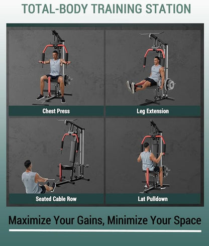 Full Body Workout Station with LAT Pulldown, Chest Press, Leg Extension, Seated Row | Compact Home Gym Equipment for Small Spaces | 300LB Capacity | Fits 1"& 2" Plates (Weights Not Included)