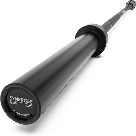 Synergee Games 15kg and 20kg Colored Ceramic Coated Barbells. Rated 1500lbs for Weightlifting and Powerlifting. Black, Red, Grey, Pink