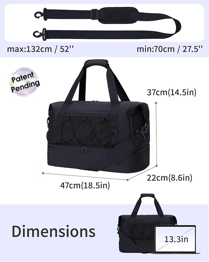 sportsnew Gym Travel Bag for Women, Large Travel Duffel with Shoe Compartment and Wet Pocket, Water Resistant Weekender Overnight Carry on Sports Tote Bags, Black, patent pending