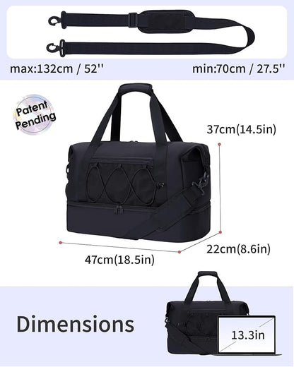 sportsnew Gym Travel Bag for Women, Large Travel Duffel with Shoe Compartment and Wet Pocket, Water Resistant Weekender Overnight Carry on Sports Tote Bags, Black, patent pending