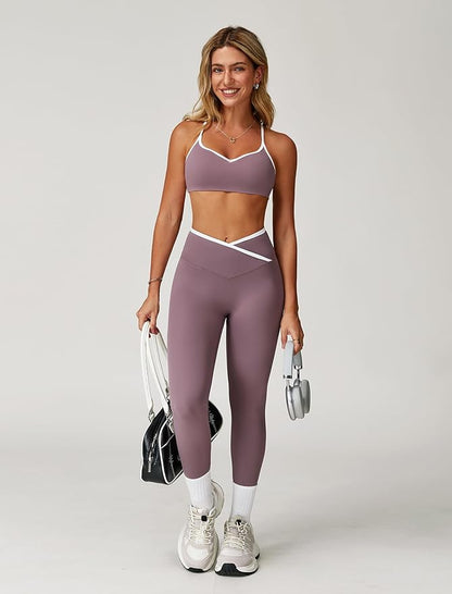 ABOCIW Workout Sets for Women 2 Piece Color Block Strappy Sports Bra High Waist Leggings Gym Yoga Pilates Outfits