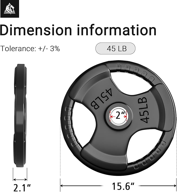 LIONSCOOL 2-Inch Rubber Olympic Grip Weight Plates for Strength Training, Weightlifting, Solid Cast Iron Plate for Barbell in Single/Pair/Set for Home & Gym (2.5-45LB), One Year Warranty