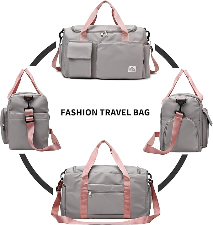Travel Duffel Tote Bag with Dry Wet Separation Pocket, Weekender Bag for Women and Men，Waterproof Bag with Shoe Compartment Lightweight and Easy Carry on Grey