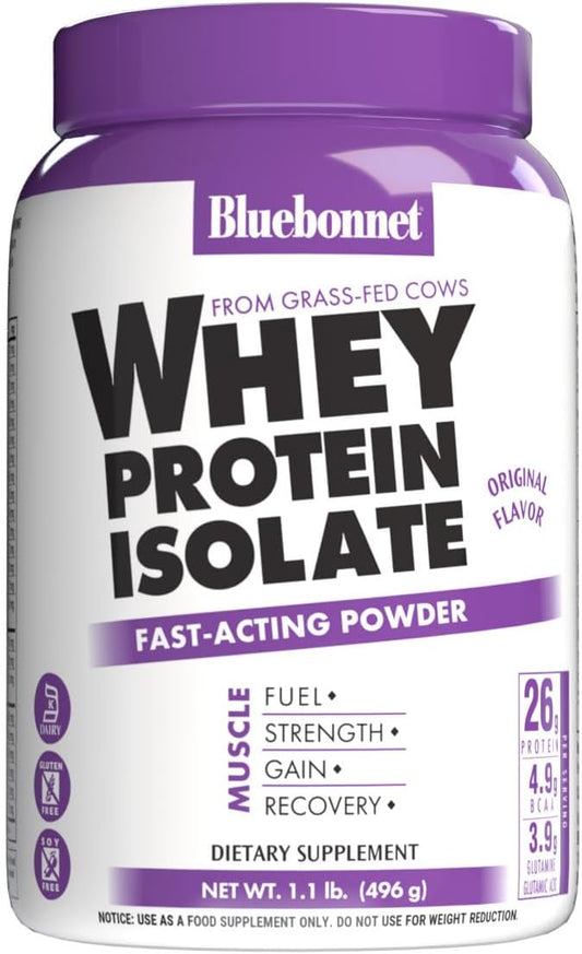 Bluebonnet Nutrition Whey Protein Isolate Powder from Grass Fed Cows, No Sugar Added, Gluten & Soy