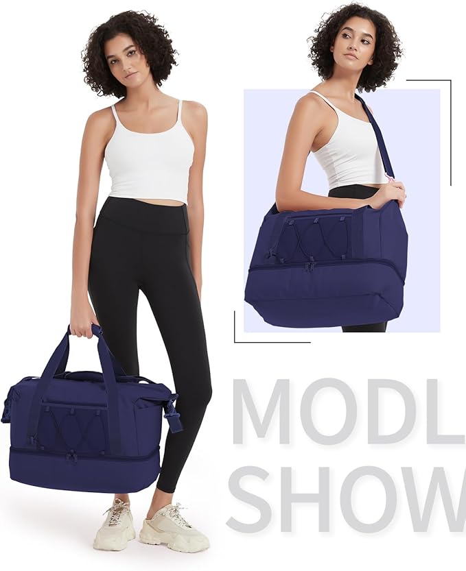 sportsnew Gym Travel Bag for Women, Large Travel Duffel with Shoe Compartment and Wet Pocket, Water Resistant Weekender Overnight Carry on Sports Tote Bags, Navy Blue, patent pending