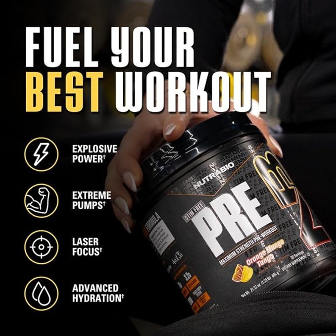 NutraBio STIM-Free PRE Workout for Men, New Formula | Laser Focus, Extreme Pumps | Performance, Endurance | 10g Citrulline, Beta Alanine, Nitrates, Nootropics, Electrolytes - 20 Servings Orange Mango