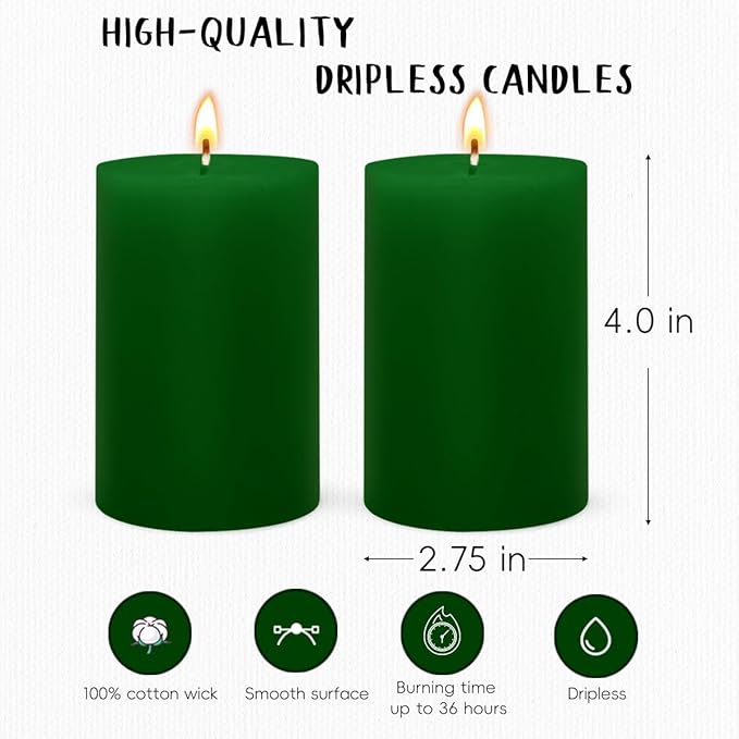 6 Packs 2.75x4 Inch Green Pillar Candles, Unscented Dripless Cylinder Wax Colored Candles for Home Table Holiday Party Spa Decor Emergency Power Outage