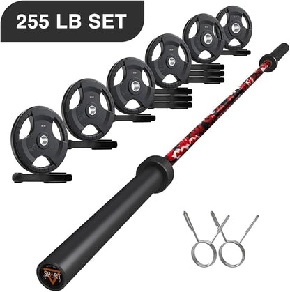7FT Olympic Barbell Bar with Weight Plate Set Combo, Solid Olympic Bar with Bearings, 700Lbs Capacity Weight Bar for Home Gym Strength Training, Weightlifting, Powerlifting, Fit for 2" Olympic Plates