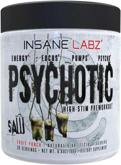 Insane Labz Psychotic SAW®, High Stim Pre Workout Powder with OxyGold­??and AMPiberry®, Extreme Lasting Energy with Teacrine®, Focus with CognitIQ® and Endurance with Beta Alanine,30 Srvgs,Fruit Punch