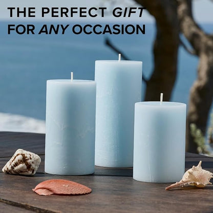 Simply Soson 3x6 inch Light Blue Rustic Sea Salt and Driftwood Pillar Scented Candle - 3 Pack - for Home Decor, Aromatherapy, Weddings, Restaurants, Spa,